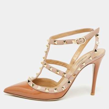 Pre Owned Valentino Brown/Beige Patent Rockstud Pumps Size 36