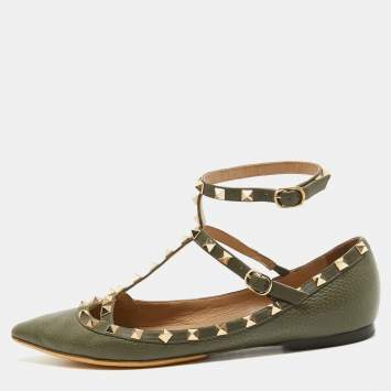 Pre Owned Valentino Army Green Leather Rockstud Ankle Strap Ballet Flats Size 40