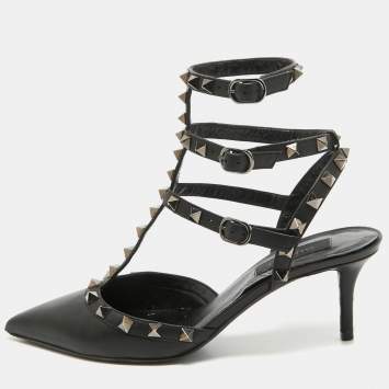 Pre Owned Valentino Black Leather Rockstud Ankle Strap Pumps Size 37.5