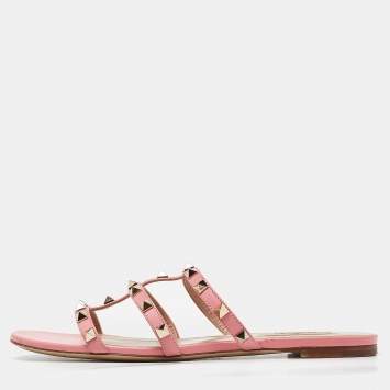 Pre Owned Valentino Pink Leather Rockstud Slide Flats Size 40