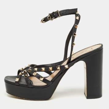 Pre Owned Valentino Black Leather Rockstud Platform Ankle Strap Sandals Size 41