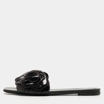 Pre Owned Valentino Black Leather 03 Rose Edition Atelier Flat Slides Size 39