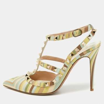 Pre Owned Valentino Multicolor Leather Rockstud Strappy Pointed Toe Pumps Size 39