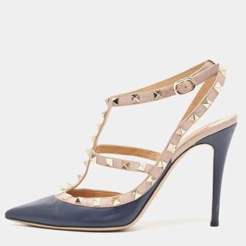 Pre Owned Valentino Navy Blue/Dusty Pink Leather Rockstud Ankle Strap Pumps Size 39.5