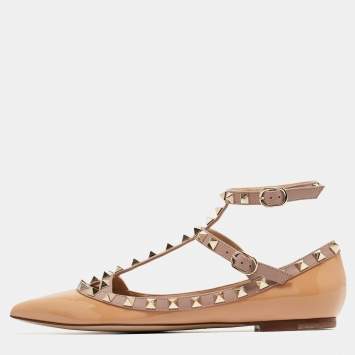 Pre Owned Valentino Beige Patent Leather Rockstud Ankle Strap Ballet Flats Size 37