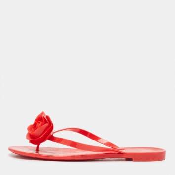 Pre Owned Valentino Red Jelly Rose Embellished Flat Slides Size 40