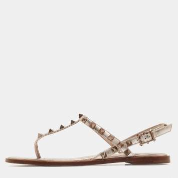 Pre Owned Valentino Metallic Gold Leather Rockstud Thong Flat Slides Size 36.5