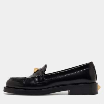Pre Owned Valentino Black Leather Roman Stud Loafers Size 39