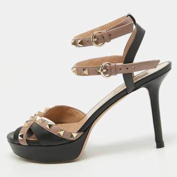 Pre Owned Valentino Black/Dusty Pink Leather Rockstud Platform Ankle Strap Sandals Size 39