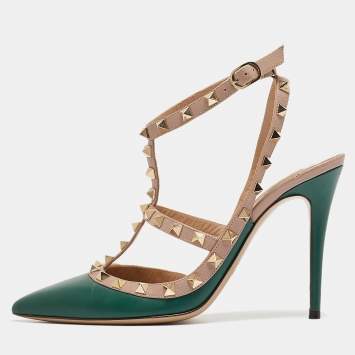 Pre Owned Valentino Green Leather Rockstud Ankle Strap Pumps Size 39