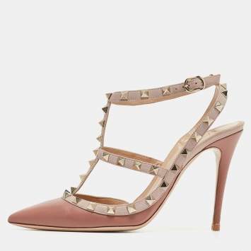 Pre Owned Valentino Old Rose Leather Rockstud Ankle Strap Pumps Size 39