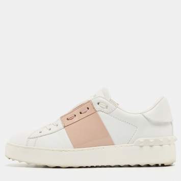 Pre Owned Valentino White/Pink Patent and Leather Open Sneakers Size 35.5