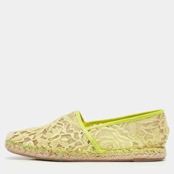 Pre Owned Valentino Neon Yellow Lace and Leather Espadrille Flats Size 39