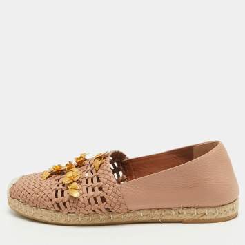 Pre Owned Valentino Light Pink Woven Leather Flower Embellished Espadrille Flats Size 40