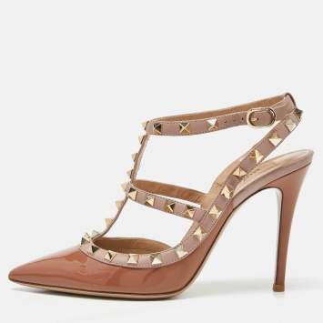 Pre Owned Valentino Brown/Pink Patent and Leather Rockstud Ankle Strap Sandals Size 38.5 