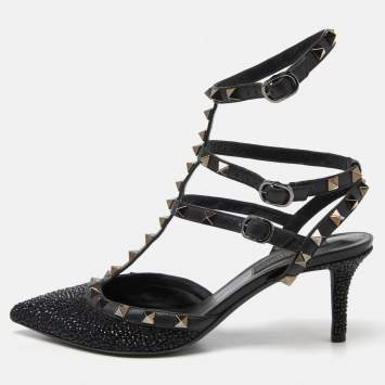 Pre Owned Valentino Black Leather Crystal Embellished Rockstud Ankle Strap Sandals Size 38
