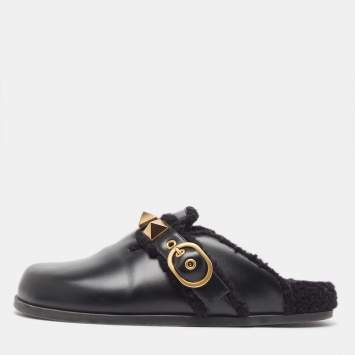 Pre Owned Valentino Black Leather Roman Stud Sabot Flat Clogs Size 38.5