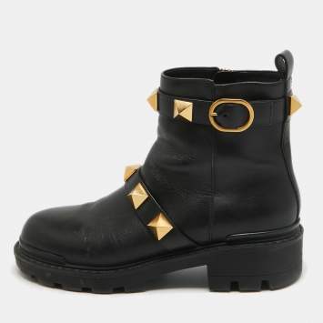 Pre Owned Valentino Black Leather Roman Stud Combat Boots Size 40