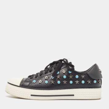 Pre Owned Valentino Black Leather Star Studded Low Top Sneakers Size 38