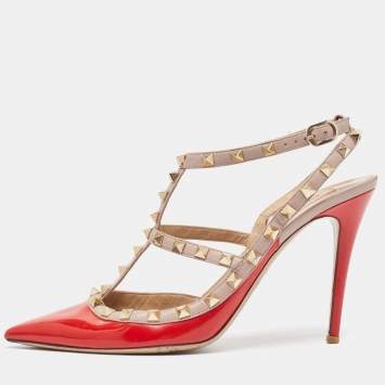 Pre Owned Valentino Red Patent Leather Rockstud Ankle Strap Pumps Size 42