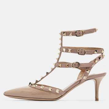 Pre Owned Valentino Dusty Pink Patent Leather Rockstud Ankle Strap Pumps Size 36.5