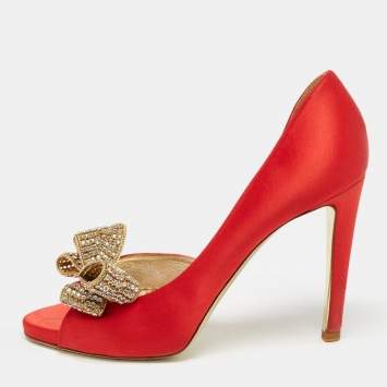 Pre Owned Valentino Red Satin Crystal Embellished Bow D'orsay Pumps Size 38.5