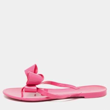 Pre Owned Valentino Pink Rubber Bow Slide Flats Size 40