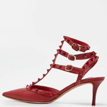 Pre Owned Valentino Red Karung Leather Rockstud Pumps Size 38.5