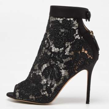 Pre Owned Valentino Black Lace and Leather Fusion Ankle Sandals Size 39