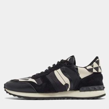 Pre Owned Valentino Black/White Camo Print Leather and Canvas Rockrunner Sneakers Size 39.5