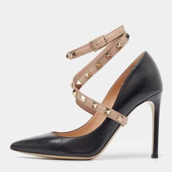Pre Owned Valentino Black Leather Rockstud Pumps Size 37.5