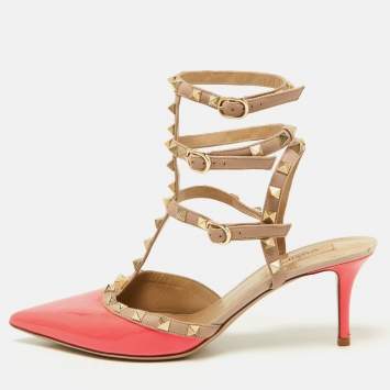 Pre Owned Valentino Pink/Beige Patent Leather Rockstud Strappy Pointed Toe Pumps Size 41