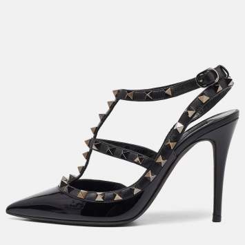 Pre Owned Valentino Black Patent Leather Rockstud Strappy Pumps Size 36