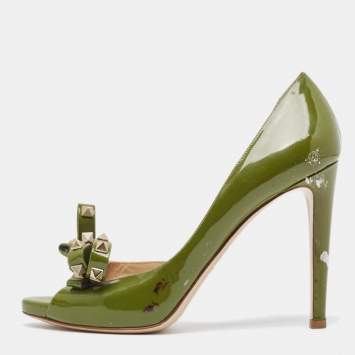 Pre Owned Valentino Army Green Patent Leather Rockstud Bow Open Toe D'orsay Pumps Size 39.5