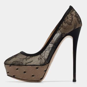 Pre Owned Valentino Black/Beige Mesh and Lace Platform Pumps Size 36