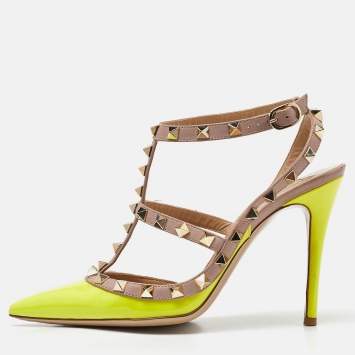 Pre Owned Valentino Neon/Pink Patent and Leather Rockstud Ankle Strap Sandals Size 37