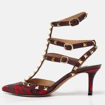 Pre Owned Valentino Red Leather Crystal Embellished Rockstud  Ankle Strap Pumps Size 37
