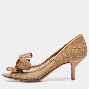 Pre Owned Valentino Beige Satin and Lace Bow Peep Toe Pumps Size 36