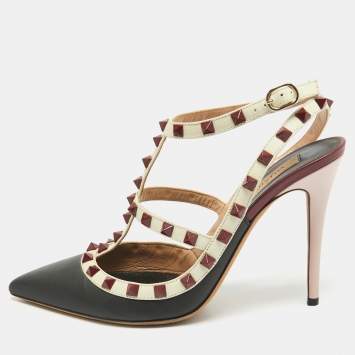 Pre Owned Valentino Black/White Leather Rockstud Ankle Strap Pumps Size 40