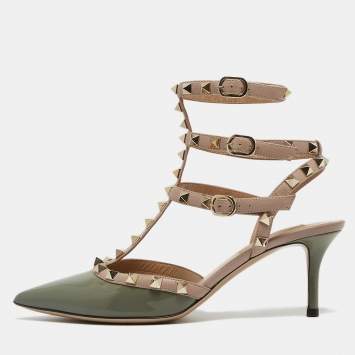 Pre Owned Valentino Green/Beige Patent and Leather Rockstud Cage Pumps Size 37