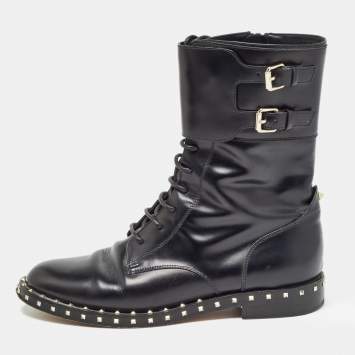 Pre Owned Valentino Black Leather Studded Accents Combat Boots Size 39.5