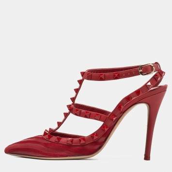 Pre Owned Valentino Red Leather and Pony Hair Rockstud Strappy Pumps Size 38.5