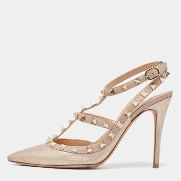 Pre Owned Valentino Metallic/Beige Leather Rockstud Pumps Size 37.5