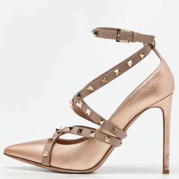 Pre Owned Valentino Metallic/Pink Leather Rockstud Crisscross Wrap Pointed Toe Pumps Size 41