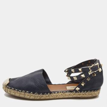 Pre Owned Valentino Navy Blue Leather Rockstud Ankle Strap Espadrilles Size 35