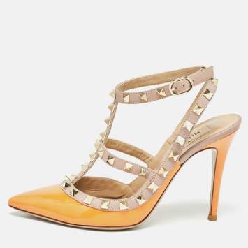 Pre Owned Valentino Orange Patent and Leather Rockstud Pumps Size 36.5