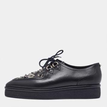 Pre Owned Valentino Black Leather Studded Lace Up Flat Sneakers Size 37.5