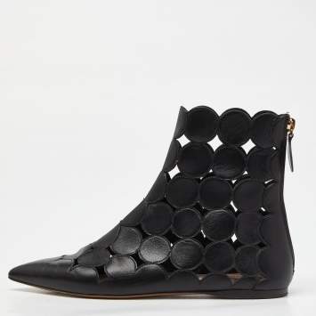 Pre Owned Valentino Black Leather Cut Out Flat Ankle Boots Size 37