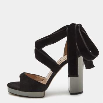 Pre Owned Valentino Black Suede Platform Block Heel Ankle Strap Sandals Size 36
