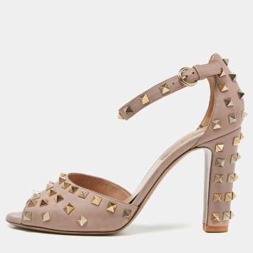 Pre Owned Valentino Pink Leather Rockstud Peep Toe Block Heel Ankle Strap Sandals Size 39